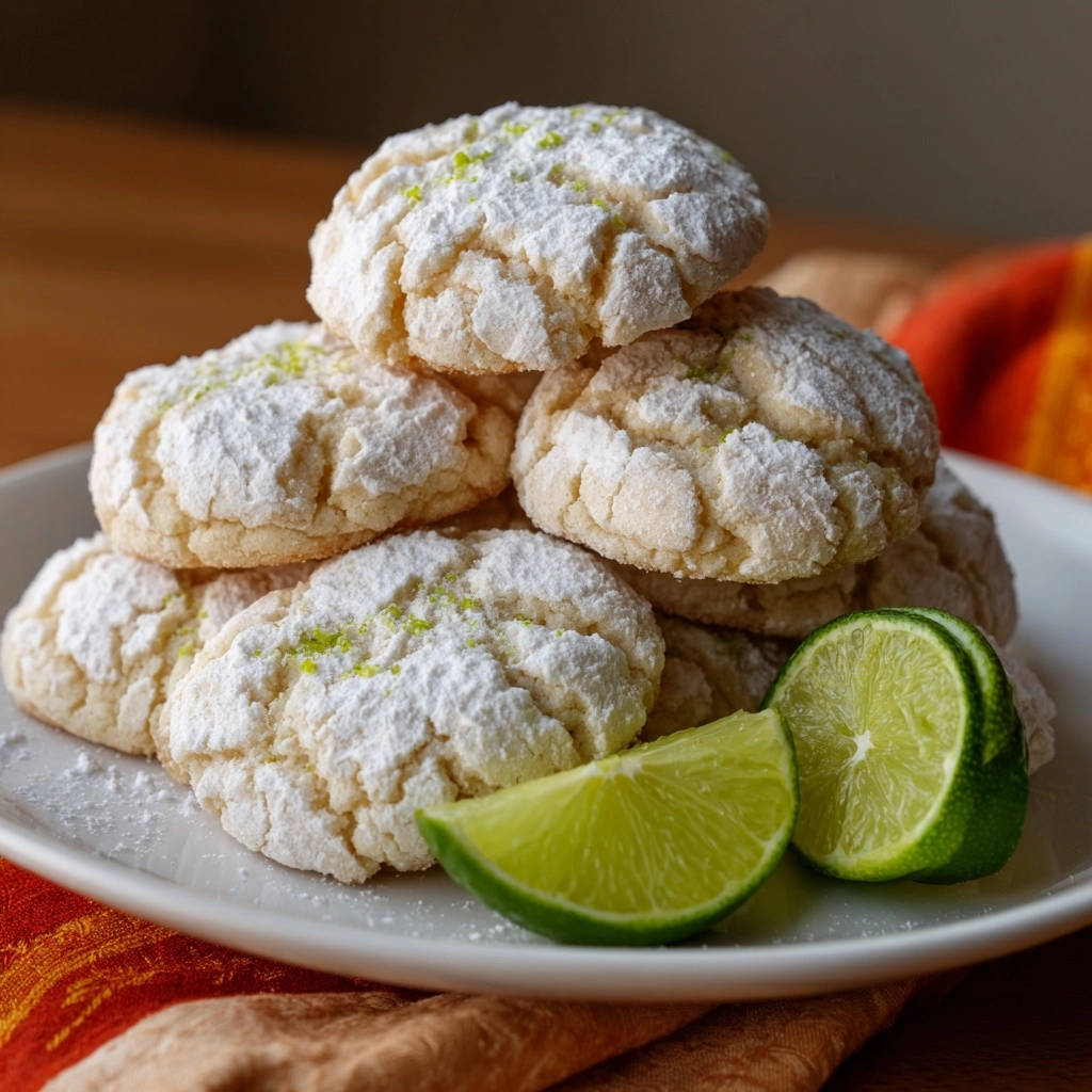 Zesty lime crinkle cookies dusted with powdered sugar, stacked high on a plate with fresh lime wedges.