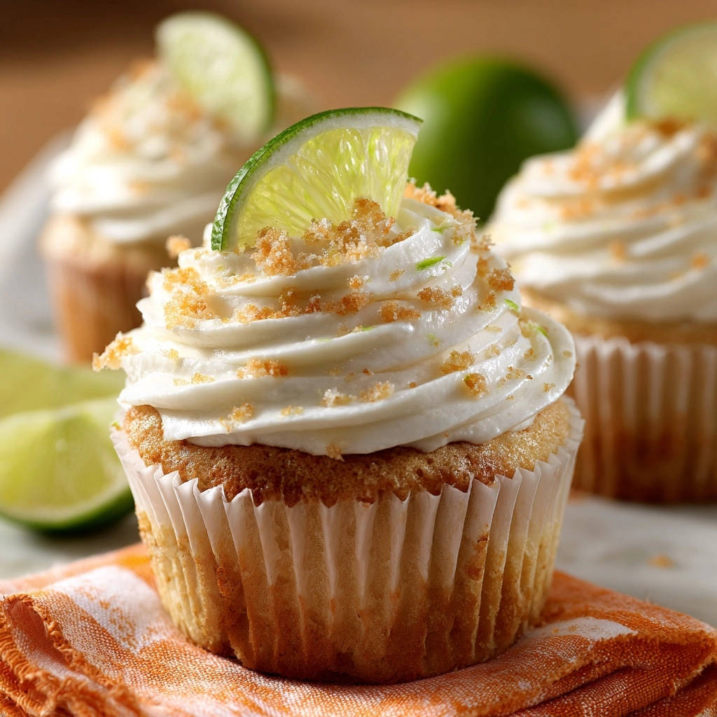 Lime cupcakes frosted with creamy icing and garnished with a fresh lime slice and crumb topping.