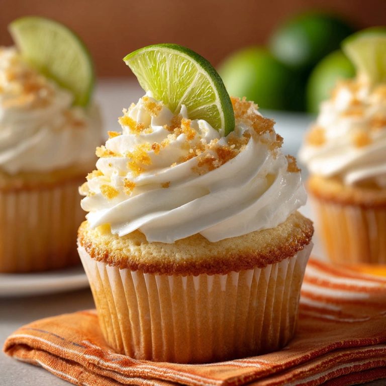 Lime cupcakes garnished with a lime slice and cookie crumbs, with more cupcakes in the background.