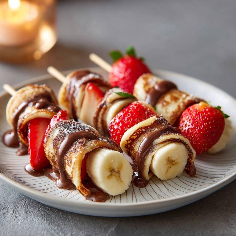 Mini pancake skewers with strawberries and bananas, drizzled with chocolate sauce on a plate