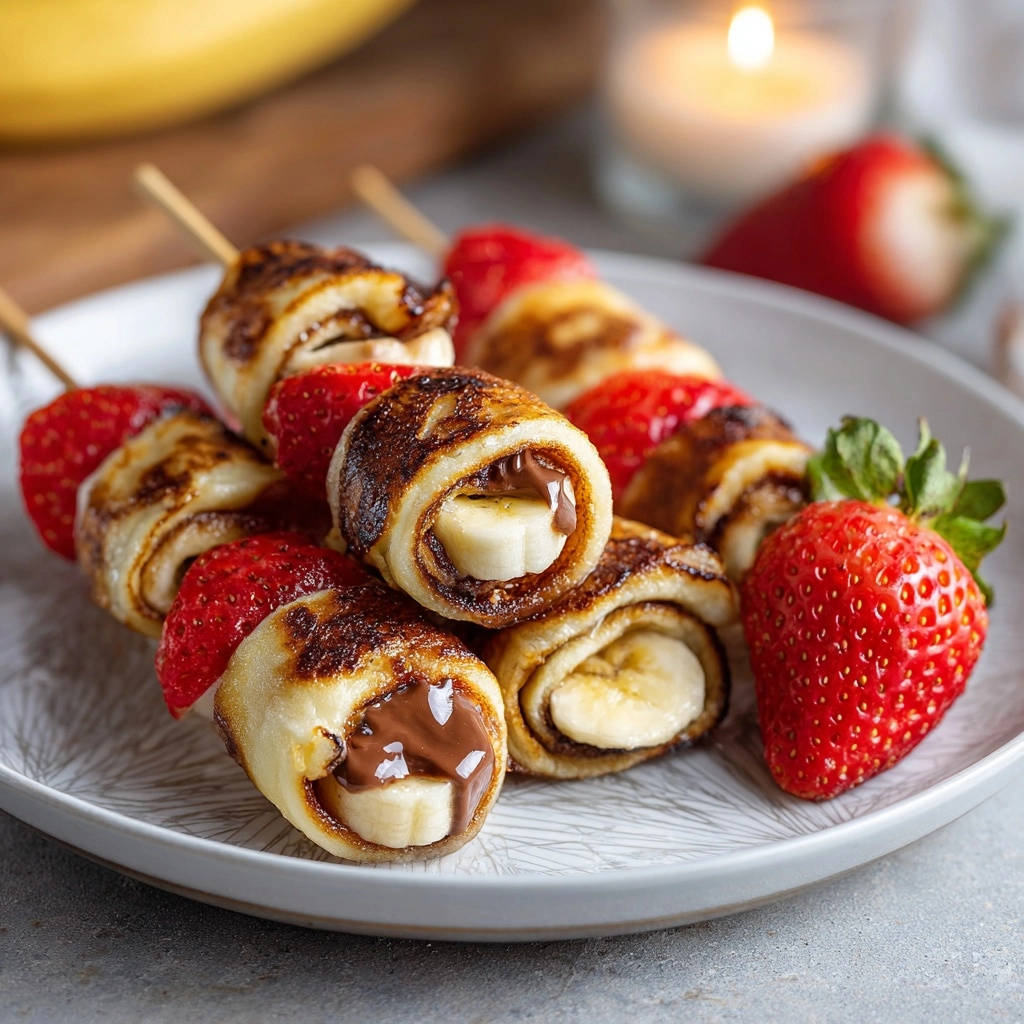 Mini pancake skewers with a close-up view of a bite revealing rolled pancake, banana, and melted Nutella.