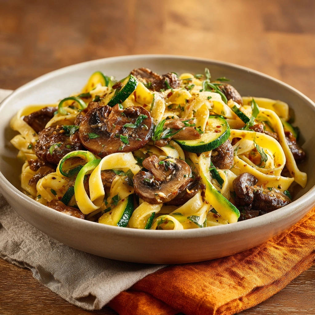 Savory mushroom zucchini fettuccine with a focus on the sauce clinging to the pasta strands and vegetables.