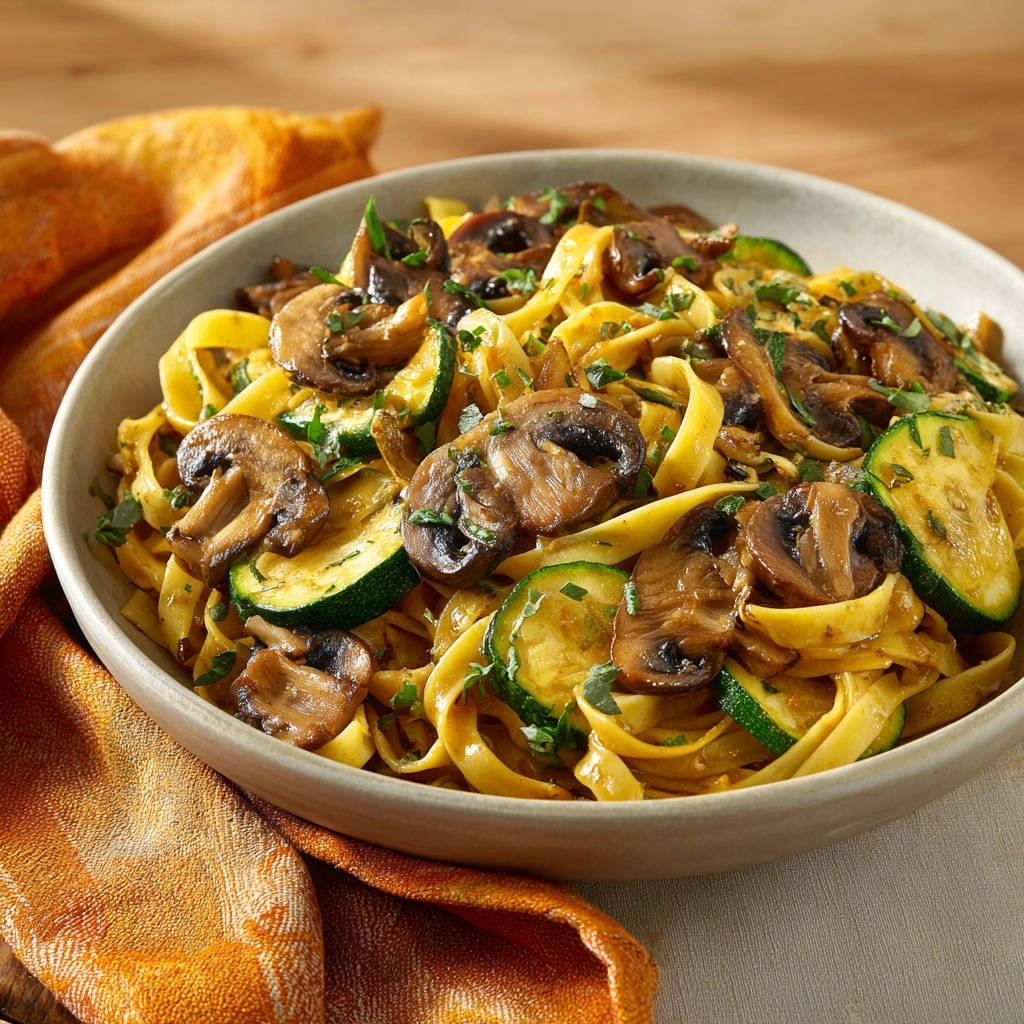 Savory mushroom zucchini fettuccine in a bowl, showing the clingy sauce and fresh ingredients from an overhead view.