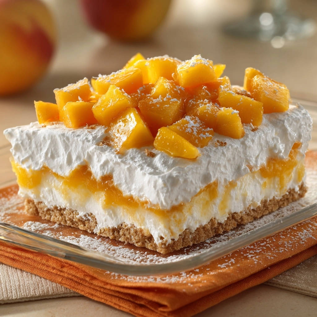 No-bake Peachy Dream Bars shown in a close-up cross-section, revealing layers of crust, cream, and fruit topping.