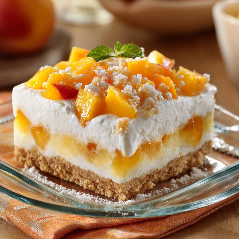 No-bake peachy dream bars shown in a close-up cross-section, revealing layers of crust, peaches, and whipped topping.
