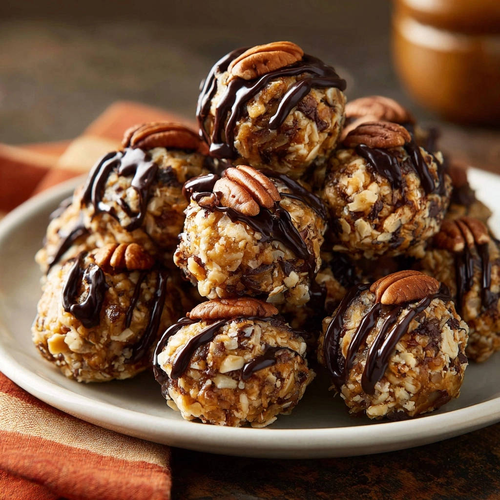 No-bake pecan coconut bites drizzled with chocolate and topped with pecans on a plate.