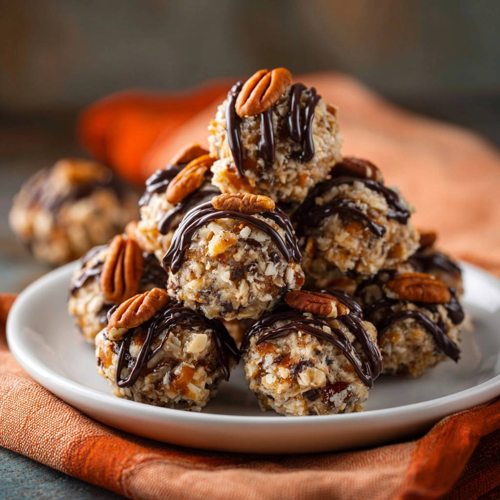 No-bake pecan coconut bites stacked on a white plate, drizzled with chocolate and topped with pecans.