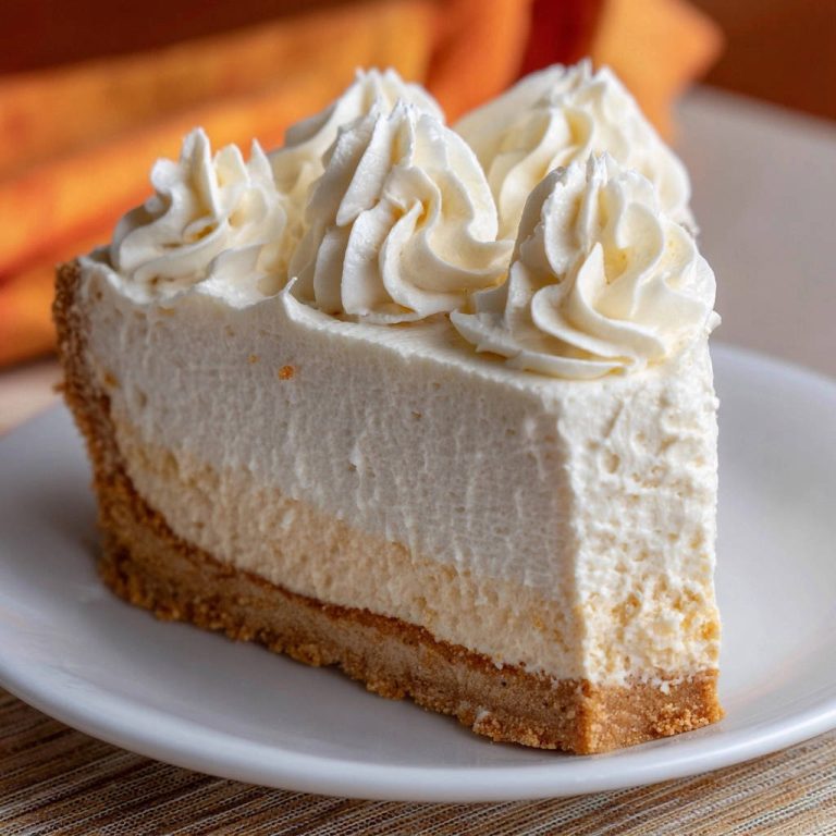 No-bake vanilla cream pie slice showing its creamy filling and graham cracker crust on a white plate.