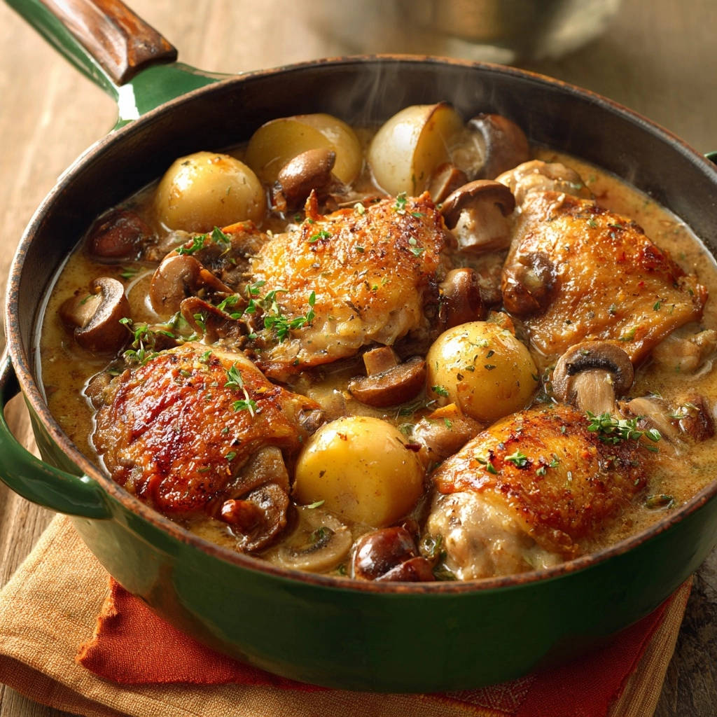 One-pot creamy chicken thighs are shown in a green Dutch oven with potatoes and mushrooms, close-up view.
