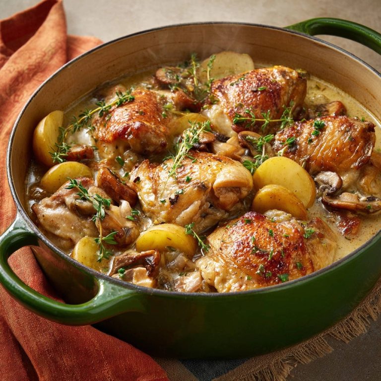One-pot creamy chicken thighs in a green Dutch oven with potatoes and mushrooms, showing a close-up view of the dish.