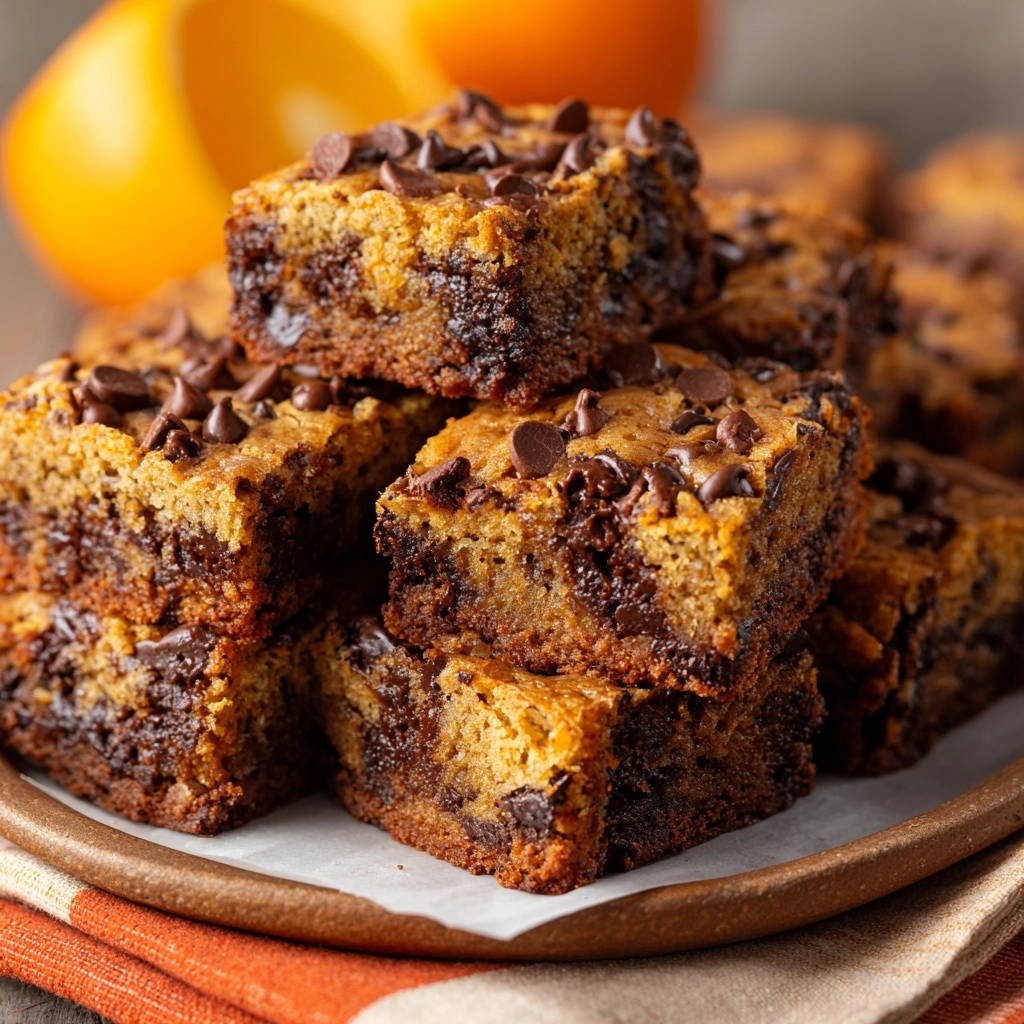 Orange chocolate swirl bars stacked in a close-up view, showcasing their rich layers and chocolate chip topping.