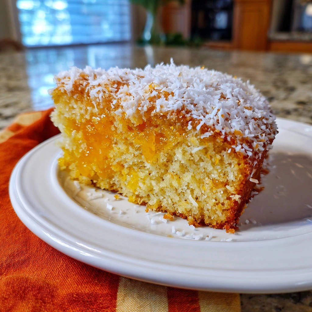 Orange Coconut Sunshine Bundt Cake slice showing a cross-section with orange filling and shredded coconut topping.