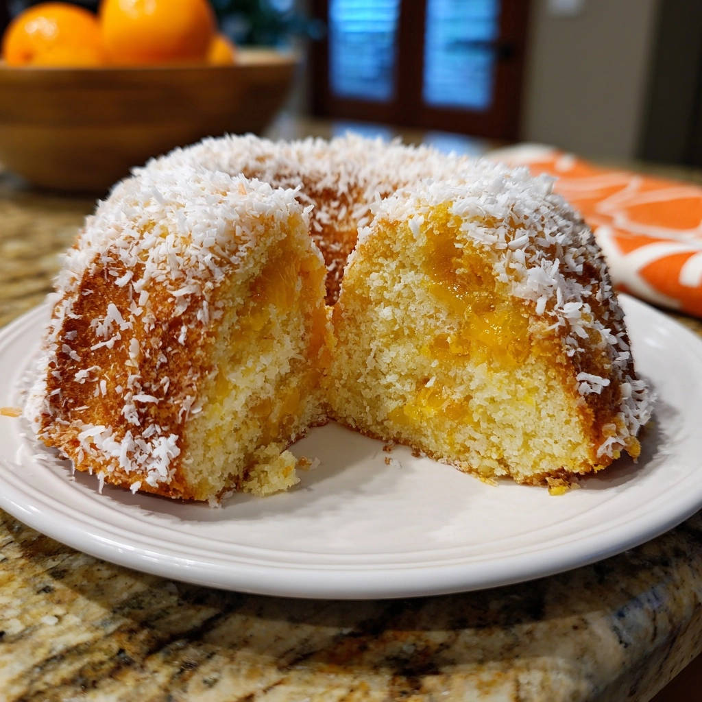 Orange Coconut Sunshine Bundt Cake shown in a cross-section revealing its bright citrus filling and shredded coconut topping.