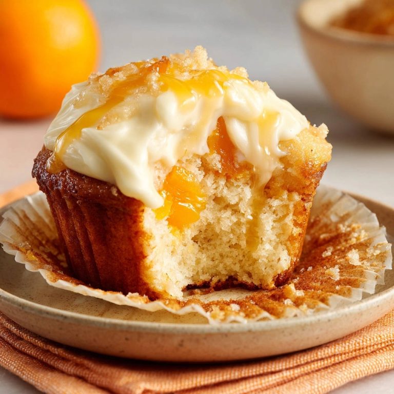 Orange crumble cream cheese muffins shown in a close-up cross-section revealing the moist interior and orange filling.