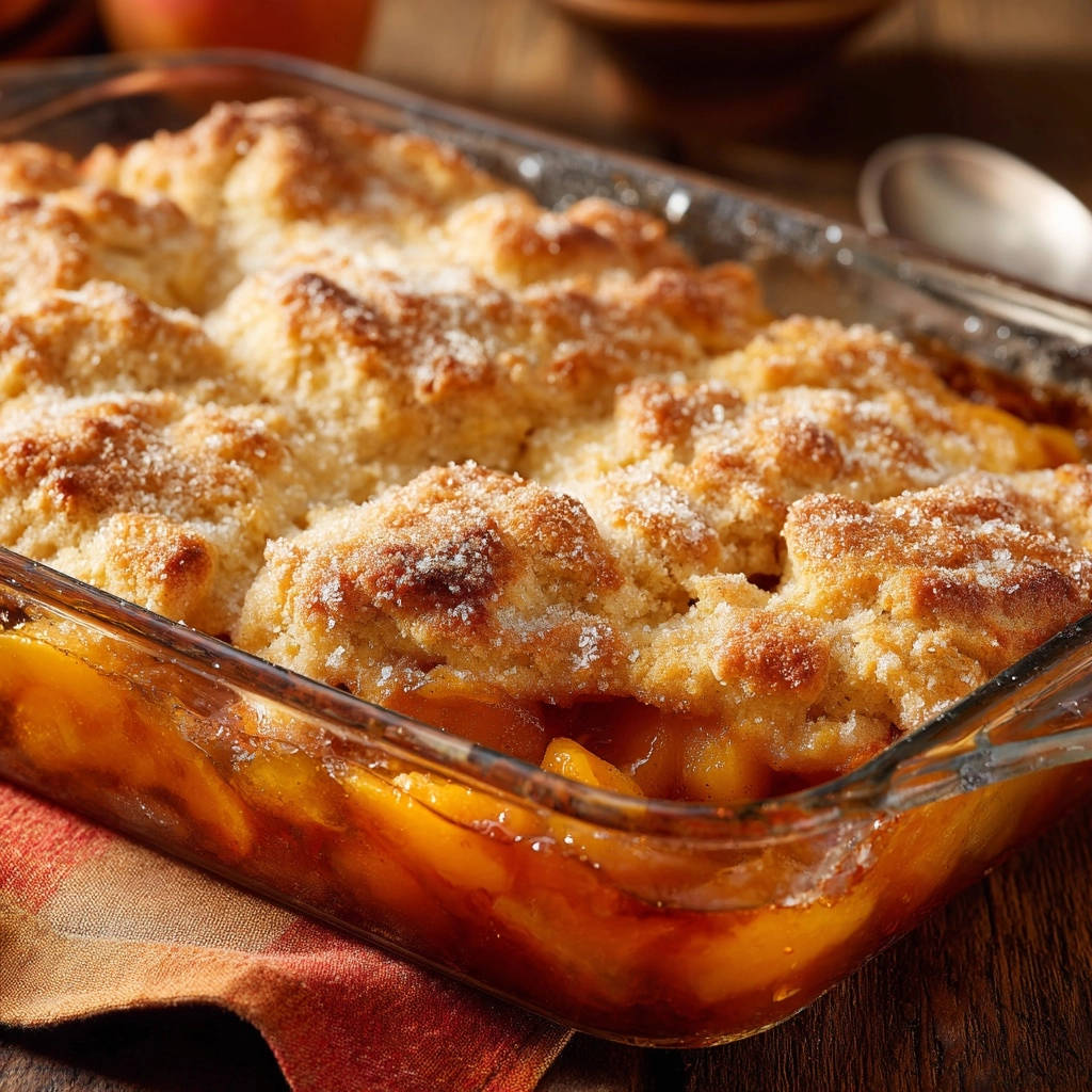 Perfect peach cobbler with a golden, sugared biscuit topping shown in a glass baking dish.