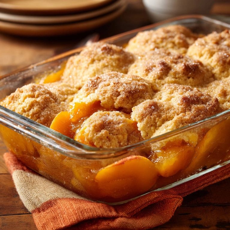 Perfect peach cobbler with a golden, sugared topping and visible fresh peach slices.