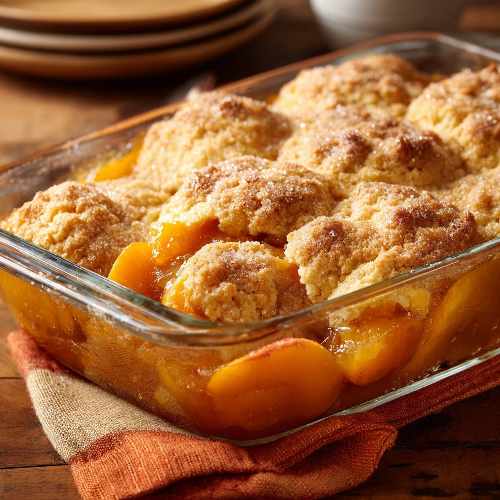 Perfect peach cobbler with a golden, sugared topping and visible fresh peach slices.