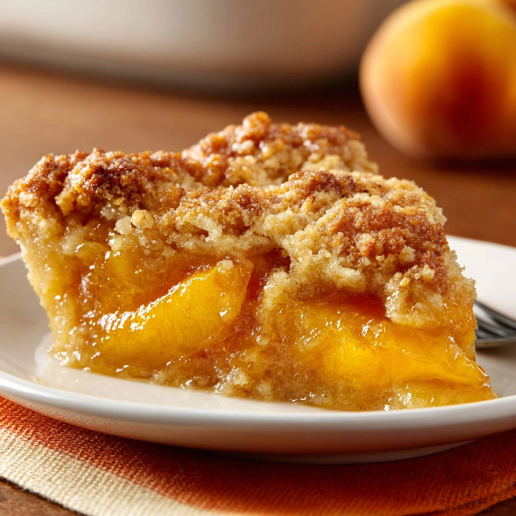 Classic peach crumble pie slice showing a close-up cross-section of thick, juicy peach filling and a crumb topping.