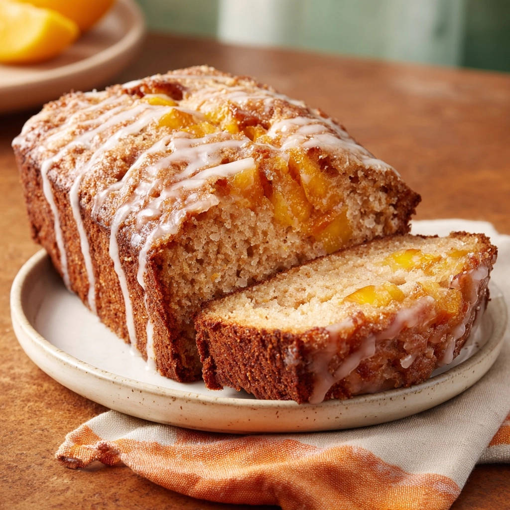Peach glazed loaf cake cross-section showing tender cake with visible peach pieces and a drizzled glaze.