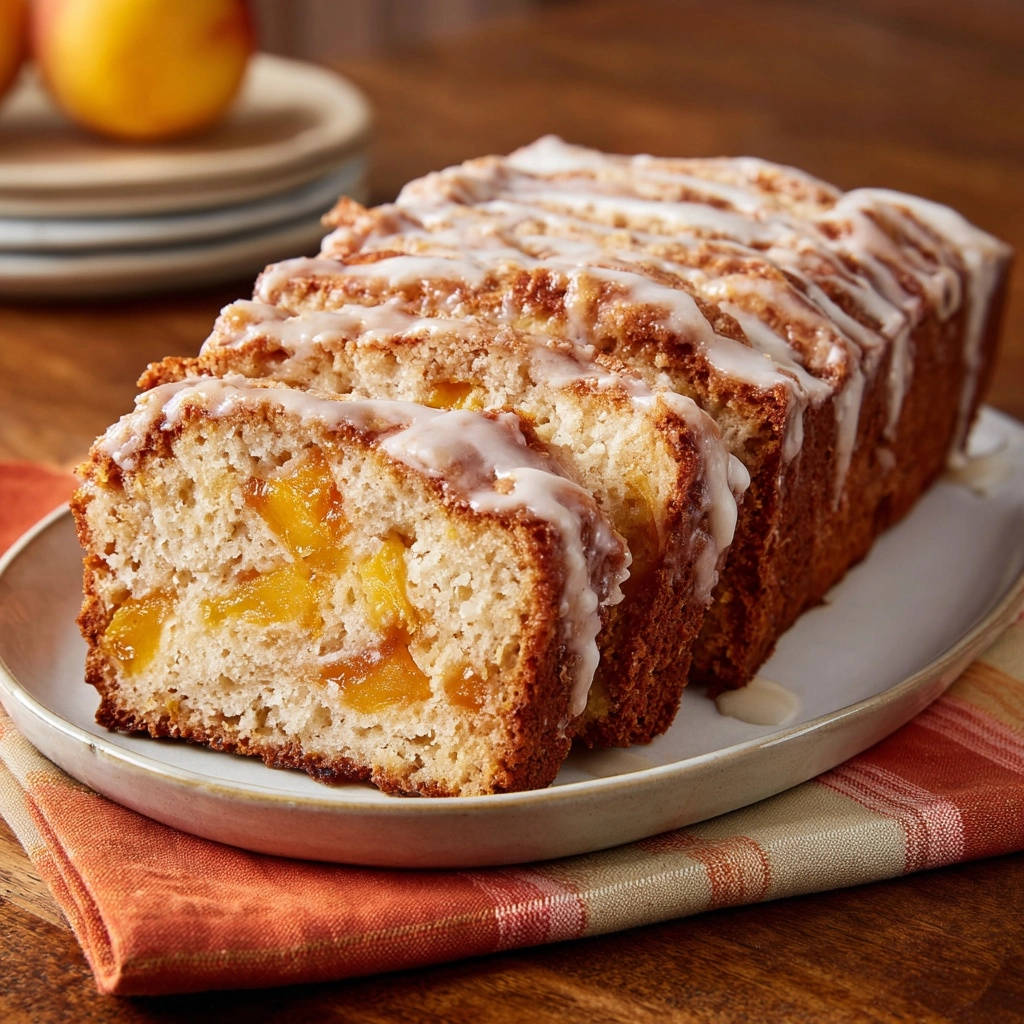 Peach glazed loaf cake sliced to show the tender interior with juicy peach pieces.