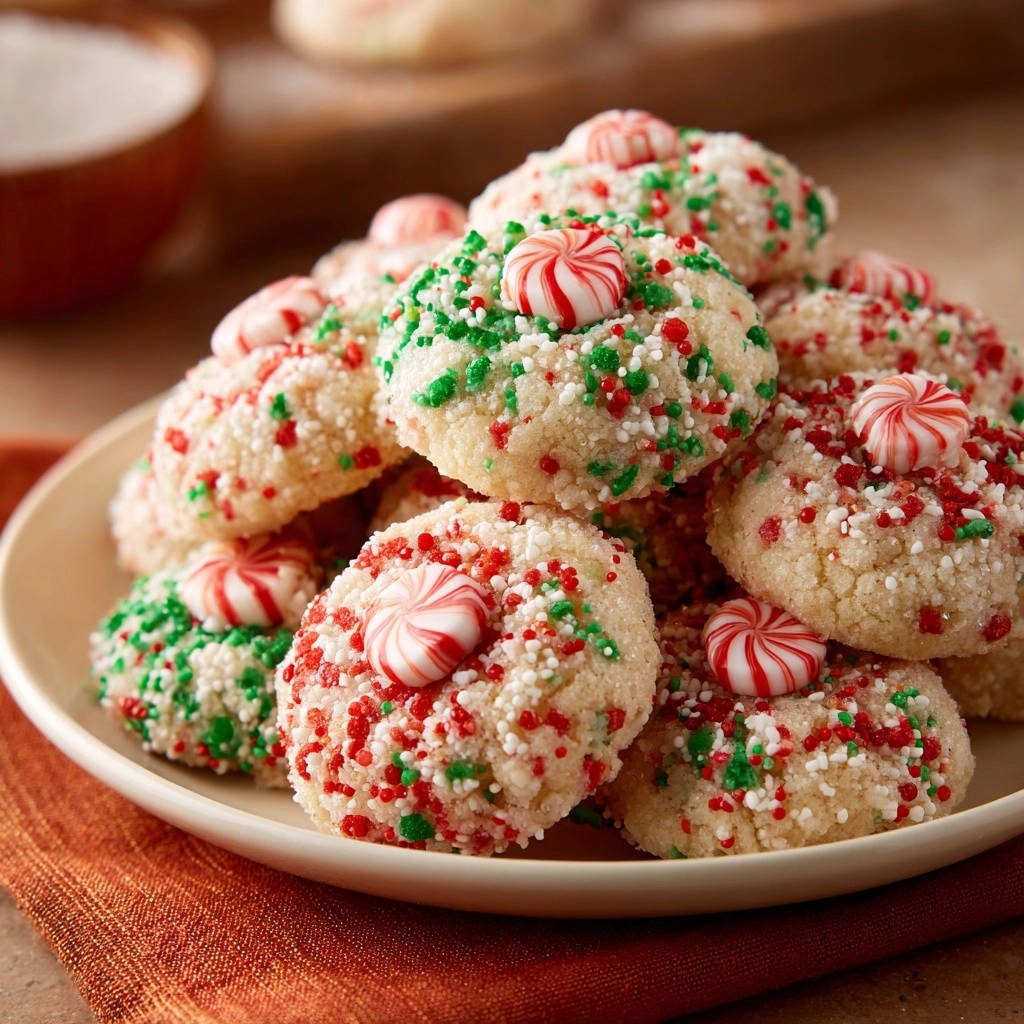 Festive peppermint thumbprint cookies adorned with red and green sprinkles and topped with small candies.