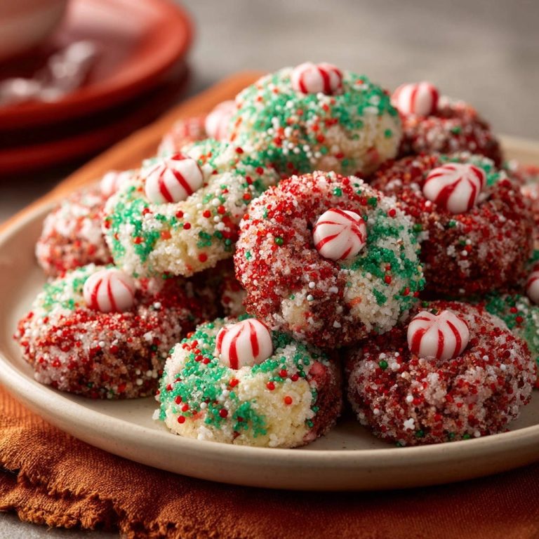 Festive peppermint thumbprint cookies piled high on a plate, garnished with candy and sprinkles.