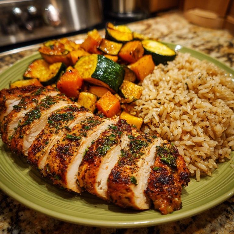 Perfectly cooked chicken breast sliced and plated with roasted vegetables and brown rice.