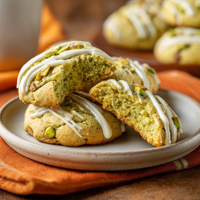 Pistachio Dream Cookies, soft and sweet perfection, shown in a close-up cross-section revealing their tender interior and pistachio pieces.