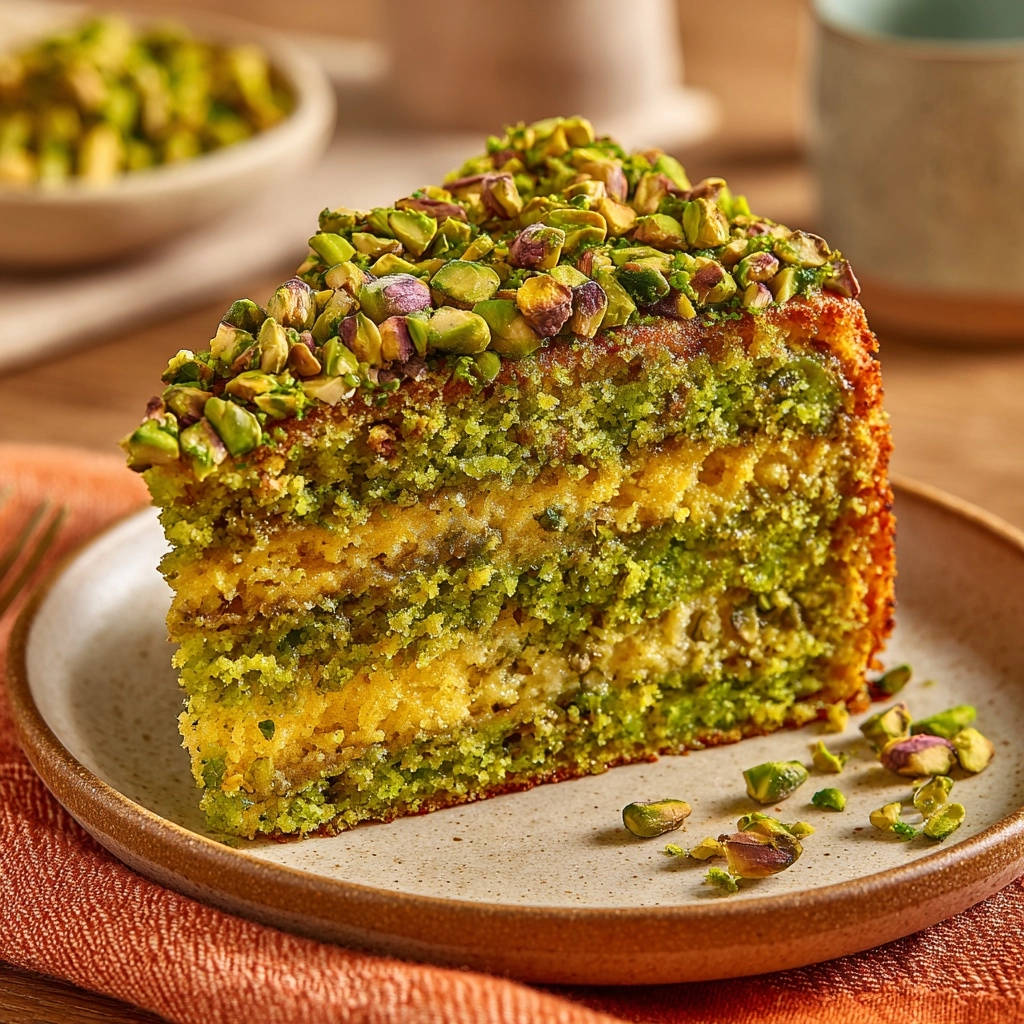 Pistachio layer cake cross-section showing moist green cake layers and creamy filling, generously topped with chopped pistachios.