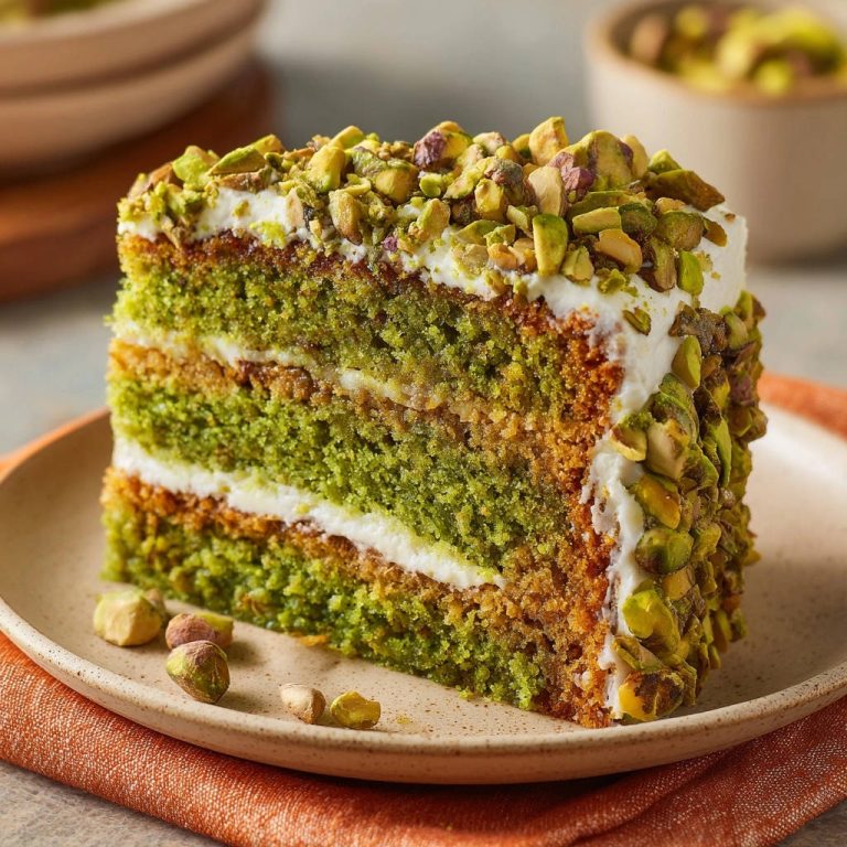 Pistachio layer cake cross-section plated with white frosting and chopped pistachios, showcasing moist green cake layers.