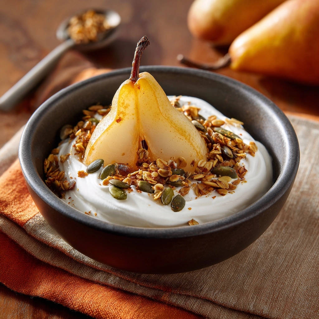 Elegant poached pears served with yogurt and granola in a dark bowl, showcasing a healthy breakfast option.