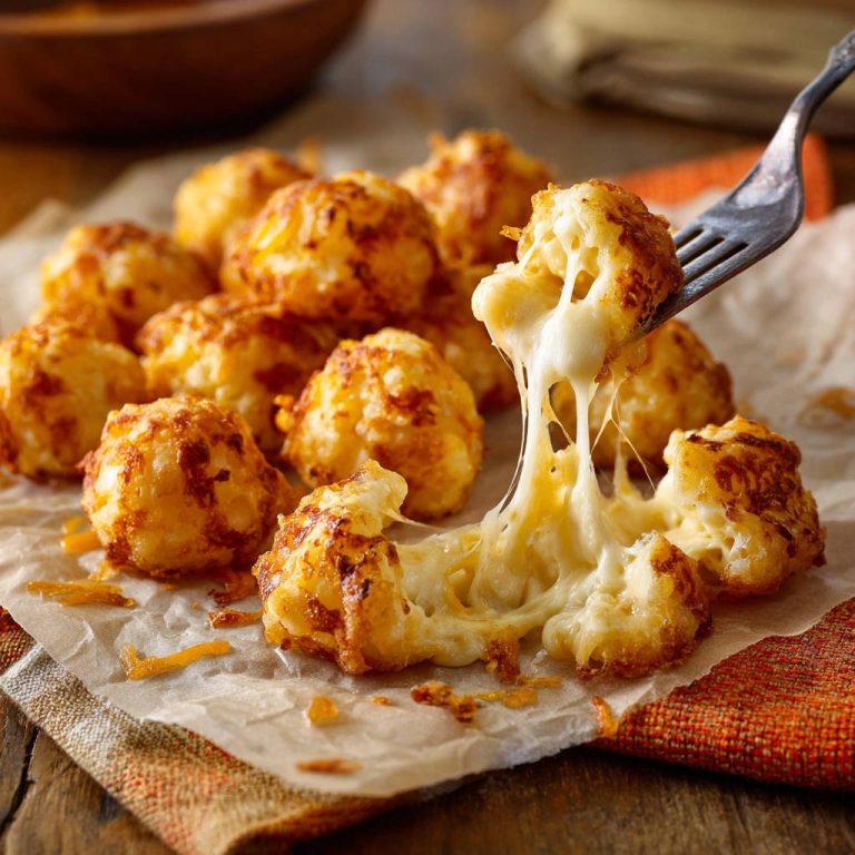 Crispy potato and cheese bites being pulled apart with a fork, showcasing a long, gooey cheese pull.