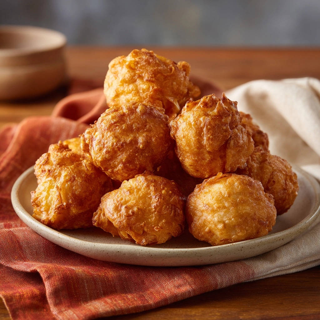 Puffed cheese bites are golden brown and piled high on a plate, presented from a side view.