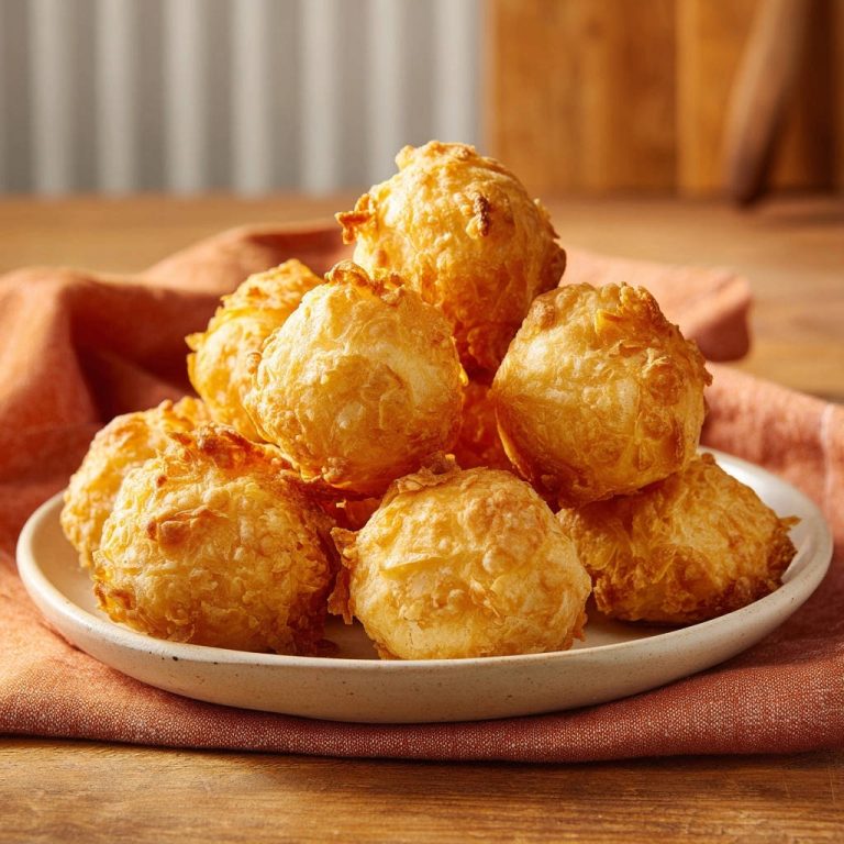 Puffed cheese bites piled high on a white plate, showcasing their golden-brown, slightly textured exterior.