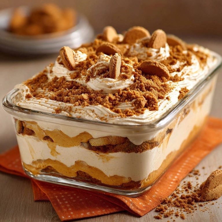 Easy Pumpkin Layer Dessert in a glass dish, topped with whipped cream and cookie crumbs.