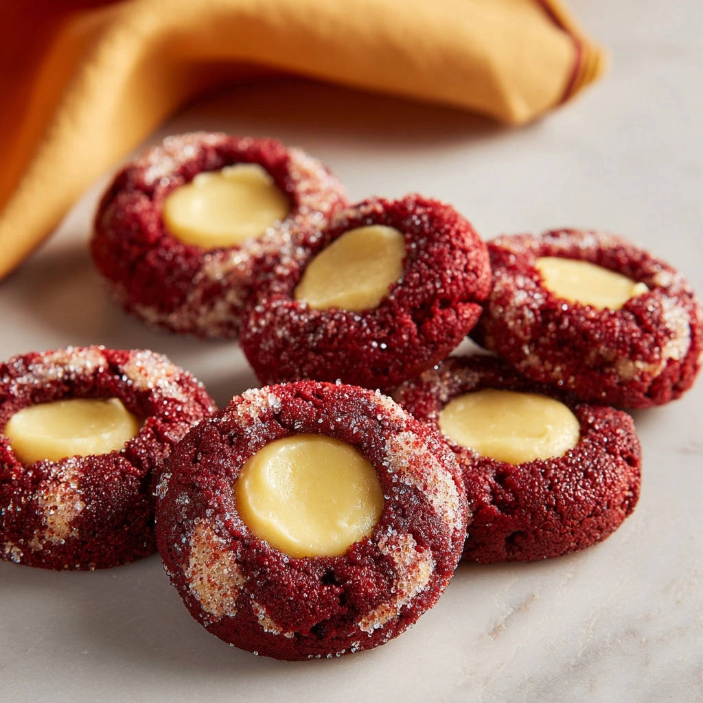 Red velvet thumbprint cookies with a creamy filling and a sparkling sugar rim, shown in a close-up view.