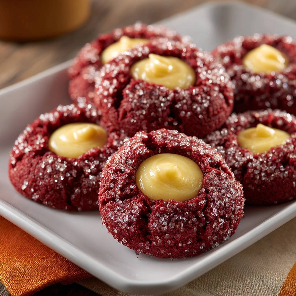 Red velvet thumbprint cookies are sugar-coated with a creamy yellow filling in this close-up detail shot.