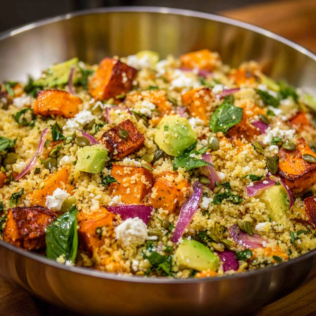 Roasted squash and feta couscous shown in a detailed close-up within a stainless steel bowl.