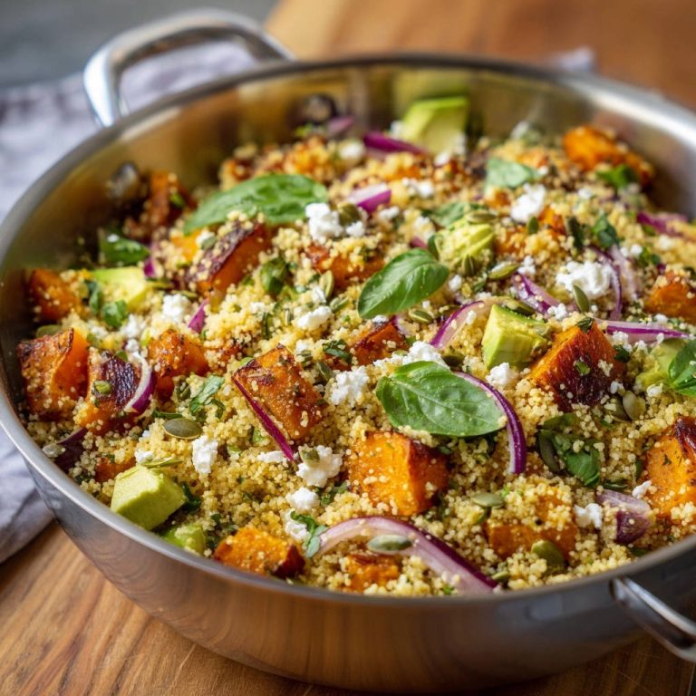 Roasted squash and feta couscous salad with avocado and red onion served in a metal bowl, topped with basil.
