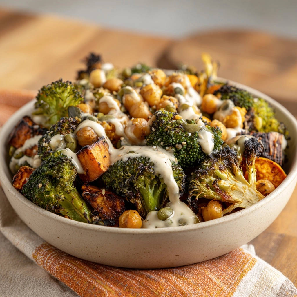 Roasted veggie & chickpea power bowl with a creamy drizzle and seeds, shown in a close-up detail shot.