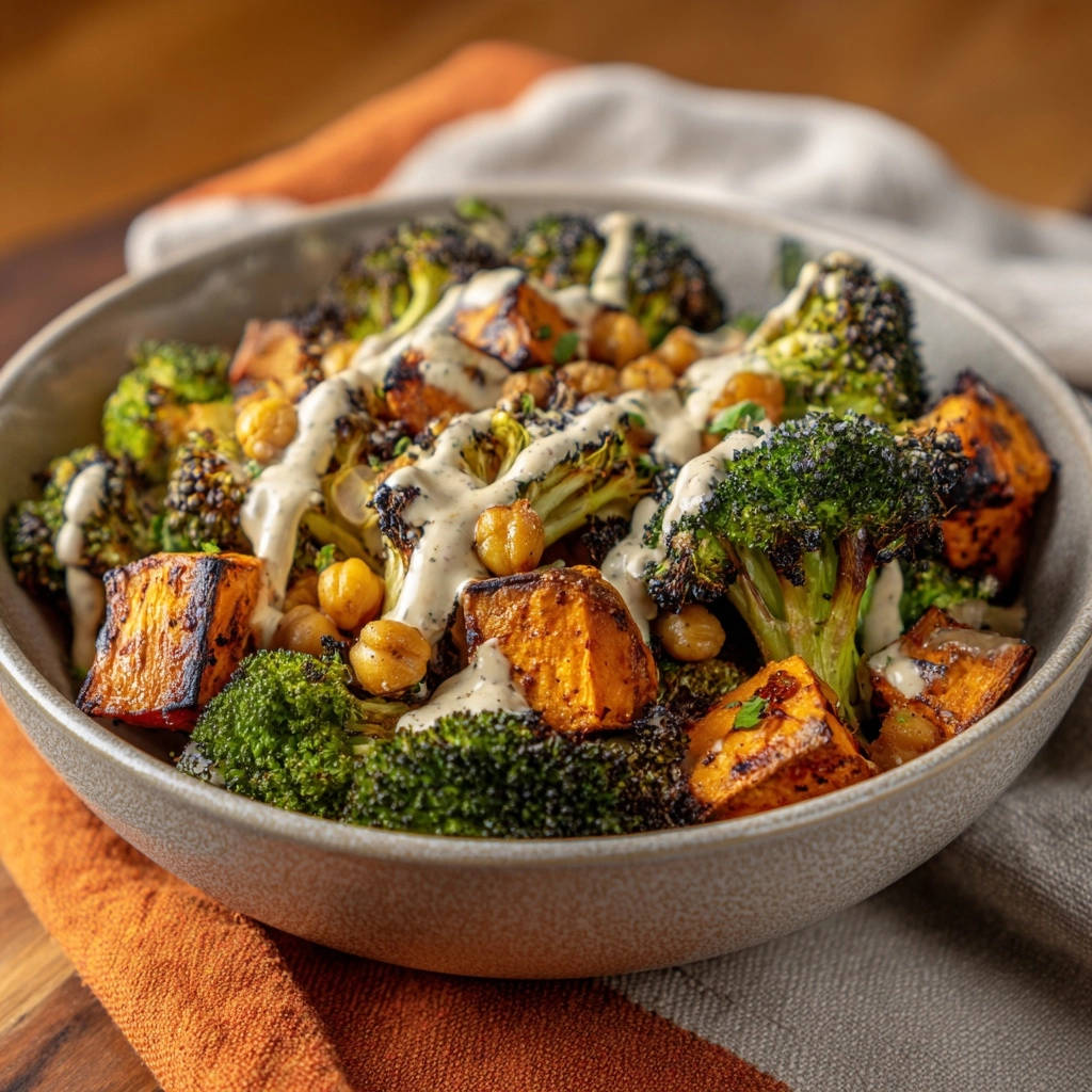 Roasted veggie and chickpea power bowl drizzled with creamy sauce, showcasing the roasted broccoli and sweet potato.