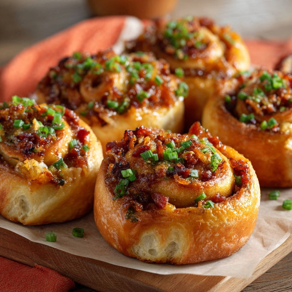 Savory caramelized onion and bacon rolls shown in a close-up view, highlighting the textured topping and fresh chives.