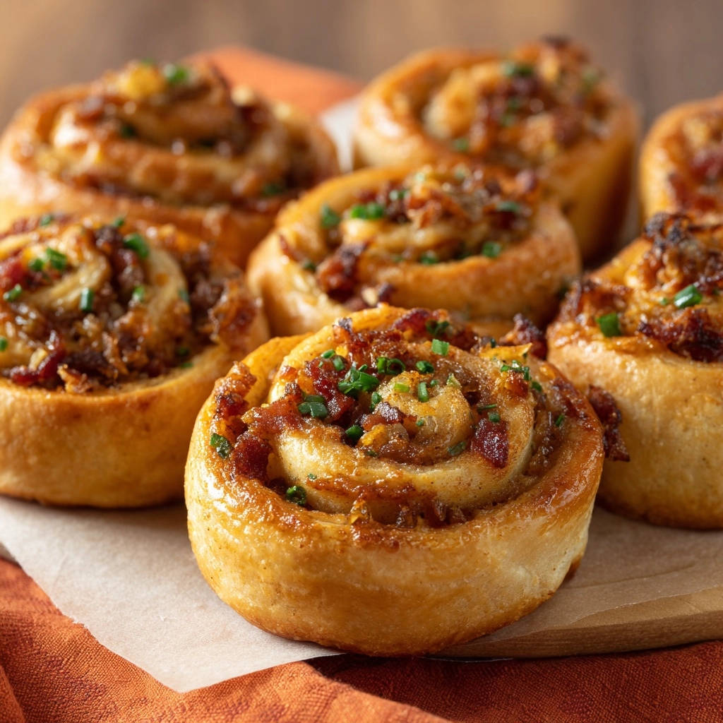 Savory caramelized onion and bacon rolls topped with fresh chives and bacon bits.
