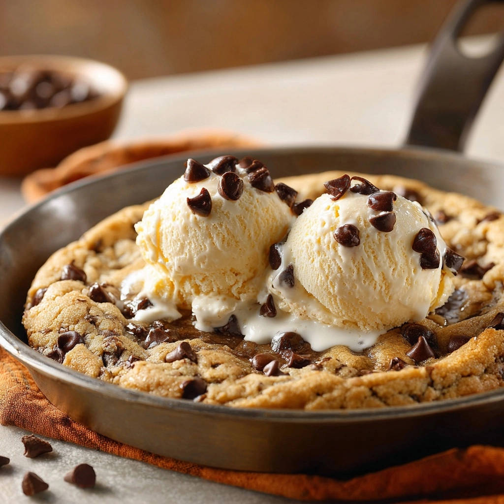 Skillet chocolate chip cookie topped with melting vanilla ice cream and chocolate chips.