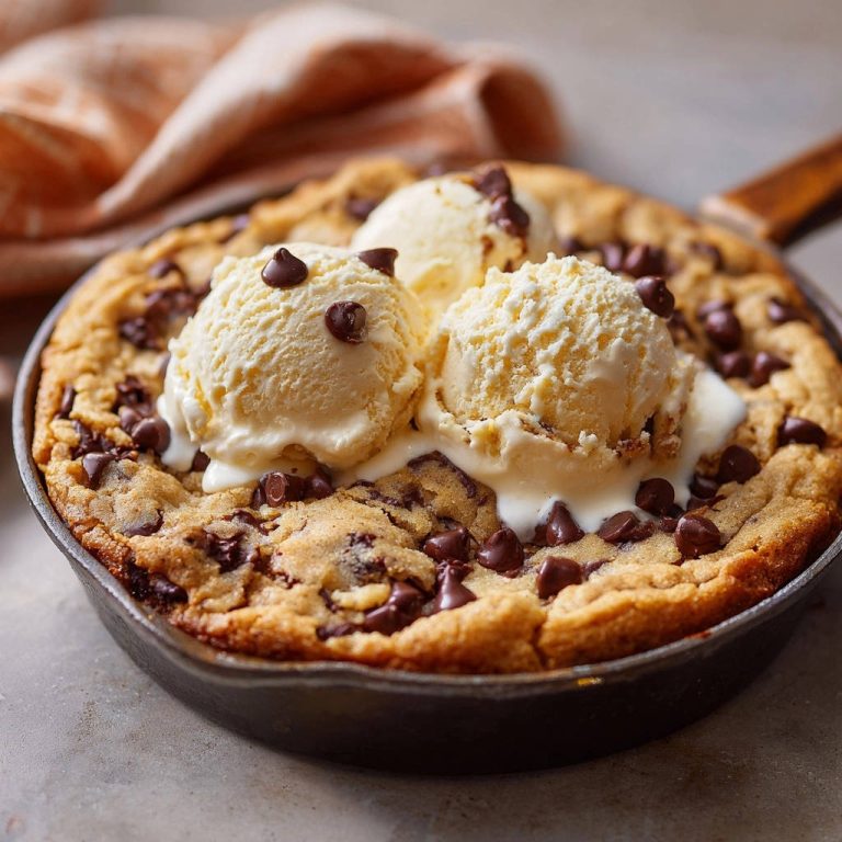 Skillet chocolate chip cookie with melting vanilla ice cream scoops and chocolate chips on top.