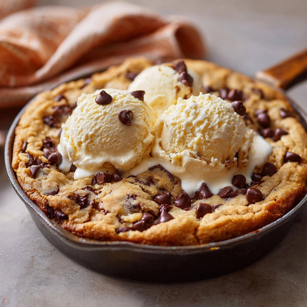 Skillet chocolate chip cookie with melting vanilla ice cream scoops and chocolate chips on top.