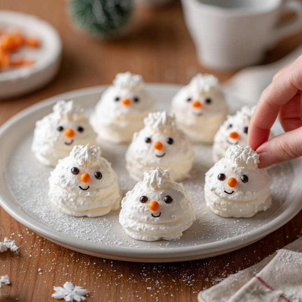 Whimsical snowman meringues decorated with chocolate chip eyes and orange candy noses on a white plate.