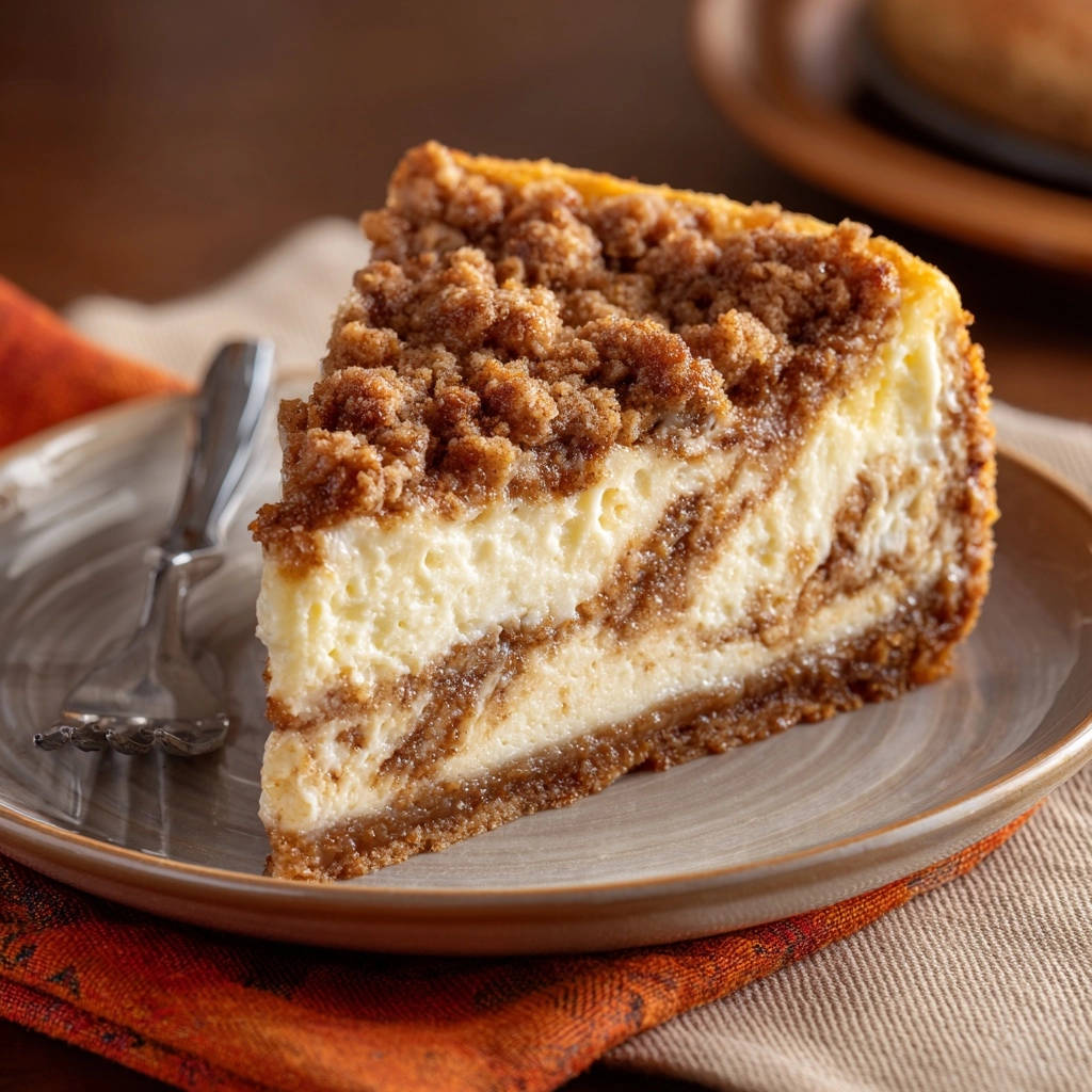 Spiced Caramel Crumble Cheesecake, a slice revealing its swirled interior and crumble topping on a plate.
