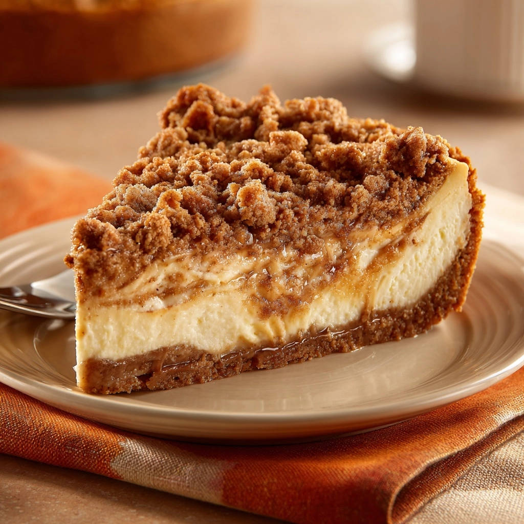 Spiced Caramel Crumble Cheesecake, a delicious slice revealing its creamy interior and crumb topping.