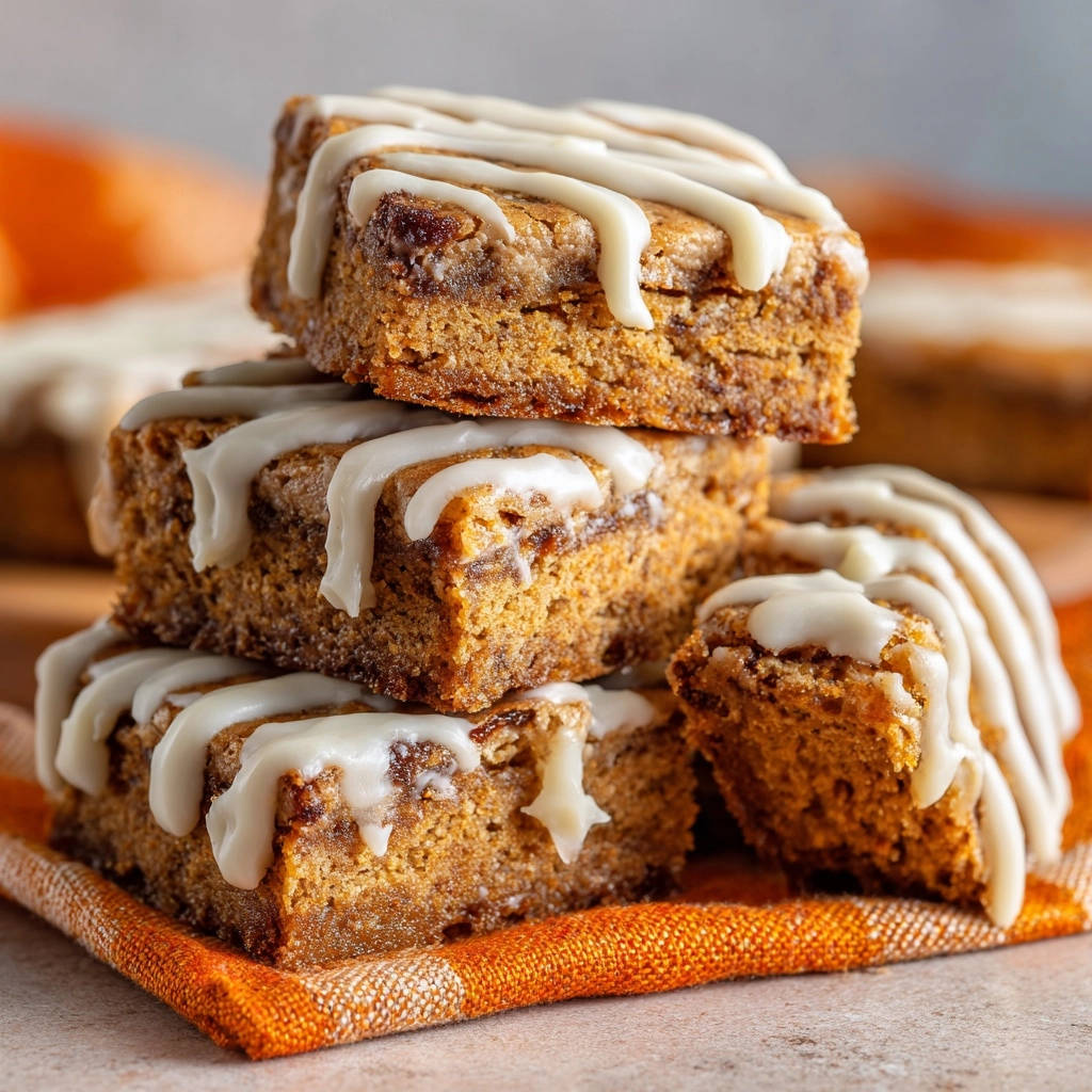 Spiced pumpkin swirl bars, a stack of chewy bars drizzled with white icing, showing a close-up detail.